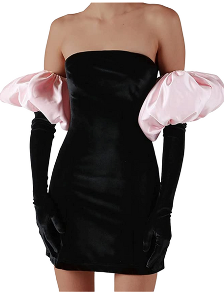 Black and pink velvet puff sleeve bodycon dress. Perfect cocktail dress for a date night. This dress is very chic and elegant
