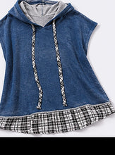 Blue sleeveless hoodie with plaid trim on a white background