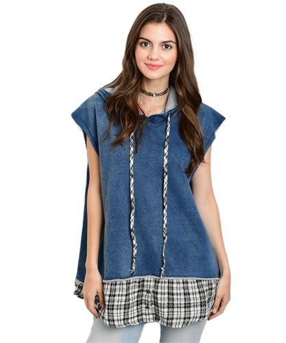  Retro Denim oversized vest features plaid trim and drawstring detail - Shop Canary Clothing