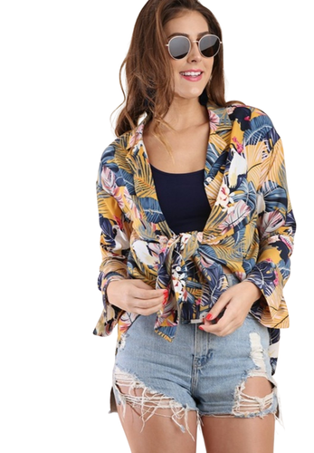 Mango Yellow Tropical Print Collared Button Up Top with Long Bell Sleeves light weight fabric perfect for a summer day. Style tied in the front, as a cover up, or with a pair of shorts. Shop Canary Clothing