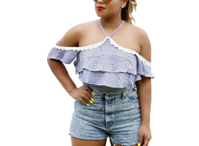 Blue and White Retro Off the shoulder halter neck gingham ruffle top. Shop Canary Clothing