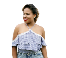 Blue and White Retro Off the shoulder halter neck gingham ruffle top. Shop Canary Clothing