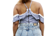 Blue and White Retro Off the shoulder halter neck gingham ruffle top. Shop Canary Clothing