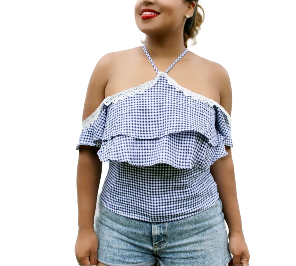 Blue and White Retro Off the shoulder halter neck gingham ruffle top. Shop Canary Clothing