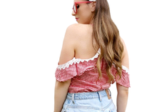 Red and White Retro Off the shoulder halter neck gingham ruffle top. Shop Canary Clothing