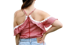 Red and White Retro Off the shoulder halter neck gingham ruffle top. Shop Canary Clothing