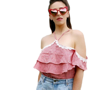 Red and White Retro Off the shoulder halter neck gingham ruffle top. Shop Canary Clothing