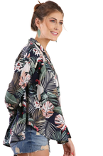 Navy Blue Tropical Print Collared Button Up Top with Long Bell Sleeves light weight fabric perfect for a summer day. Style tied in the front, as a cover up, or with a pair of shorts. Shop Canary Clothing