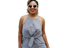 Navy Blue Gingham Print High Neck Front Tie Romper  Shop Canary Clothing