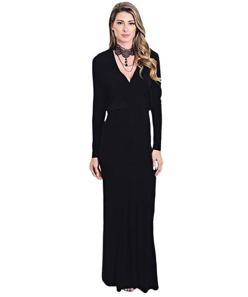 Get dramatic, vampy look in this long black curve hugging dress with long dolman sleeves and v-neckline. This sexy dress is great for cocktail parties and gatherings.- Shop Canary Clothing