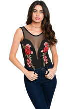 Round Neck Sleeveless Mesh Red and Black Bodysuit With Floral Print - Shop Canary Clothing