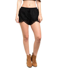 Black crochet shorts feature full lining, a gathered waistline and a scalloped trim - Shop Canary Clothing