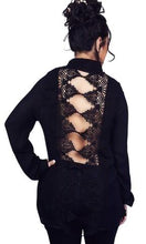 Black long sleeve backless button up top features a crochet back. - Shop Canary Clothing