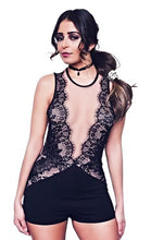 This sexy sleeveless romper features an illusion mesh detail on center front, eyelash lace accents on bodice and solid opaque shorts - Shop Canary Clothing