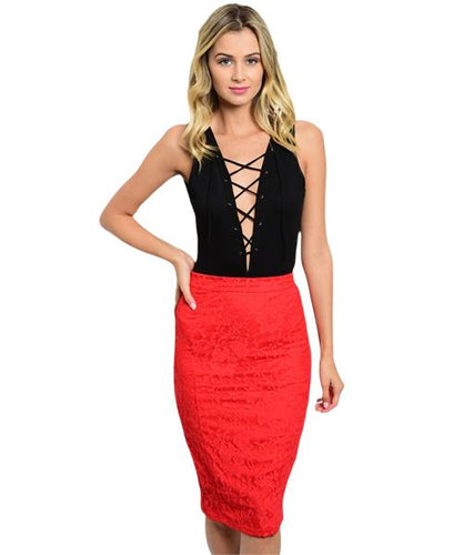 Sophisticated red lace skirt with sheer floral pattern lace lining - Shop Canary Clothing