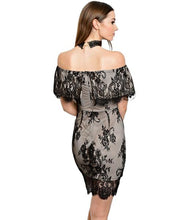 Adorn your body with this gorgeous lace dress. The Black and beige short off the shoulder sleeve all over lace dress features an elegant look with romantic style.  - Shop Canary Clothing