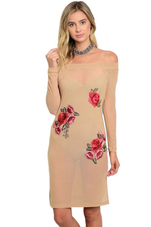 When you want to add a touch of playfulness to your everyday look, this mini dress is the perfect choice. The soft floral patches are the perfect contrast to the neutral color for understated yet elegant style. This dress has an off the shoulder cut (shoulder strap), and a natural waistline.- Shop Canary Clothing