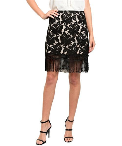 Sophisticated beige and black lace skirt with fringe trim semi lining - Shop Canary Clothing