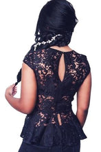 This black sheer lace top features a peplum detail, a round neckline and short sleeves - Shop Canary Clothing