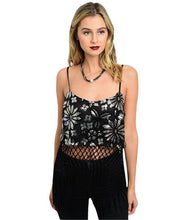Black and Silver flower print sequin crop top with fringe - Shop Canary Clothing