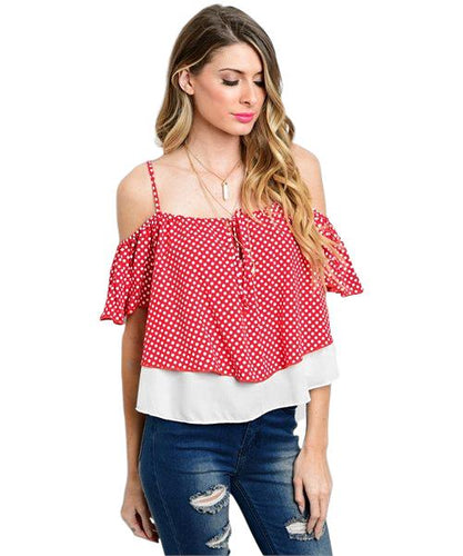 Red and White polka dot off the shoulders top - Shop Canary Clothing