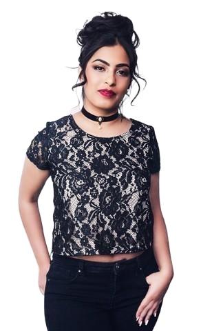 Stylish top features black lace material, full lining, round neckline short sleeves and sheer lace back top - Shop Canary Clothing