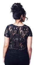 Stylish top features black lace material, full lining, round neckline short sleeves and sheer lace back top - Shop Canary Clothing