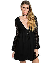 This mini black dress features long lace bell sleeves, plunging neckline and a button closure - Shop Canary Clothing