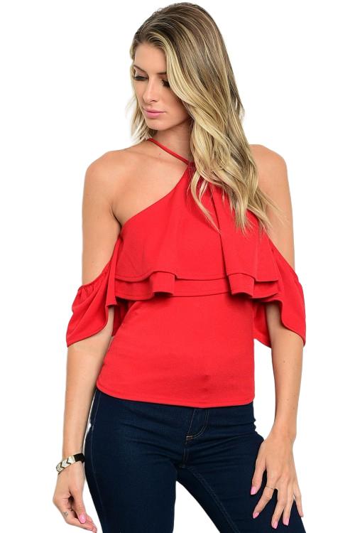 Short off the shoulder red ruffle detail halter neck blouse - Shop Canary Clothing