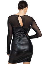 A mini dress featuring a solid black color, mesh fabric, a round neckline, long sleeves, princess seams, and a bodycon silhouette. - Shop Canary Clothing