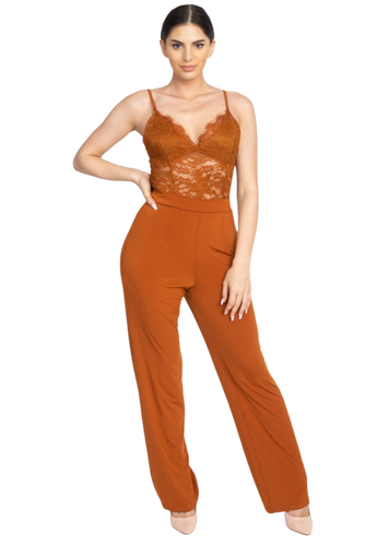 An elegant jumpsuit like this is what you need to party!  Spicy cognac orange color jumpsuit featuring a lace floral crochet. Solid wide-cut leg bottoms. Sleeveless. Zipper on the back. No pockets. V-Neckline. Just add some strappy heels for a classy but sassy look.  95% Polyester, 5% Spandex- Shop Canary Clothing