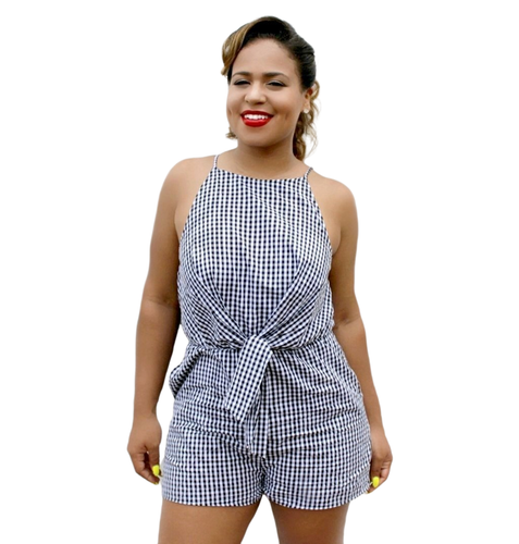 Navy Blue Gingham Print High Neck Front Tie Romper  Shop Canary Clothing