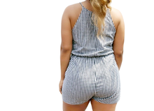 Navy Blue Gingham Print High Neck Front Tie Romper  Shop Canary Clothing