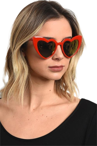 Heart sunglasses with red, black, white, pink frame and reflector lenses complement your casual and dressy outfits. UV protection helps keep your eyes protected from harmful sun rays, and hinged temples offer convenient folding and storage.- Shop Canary Clothing